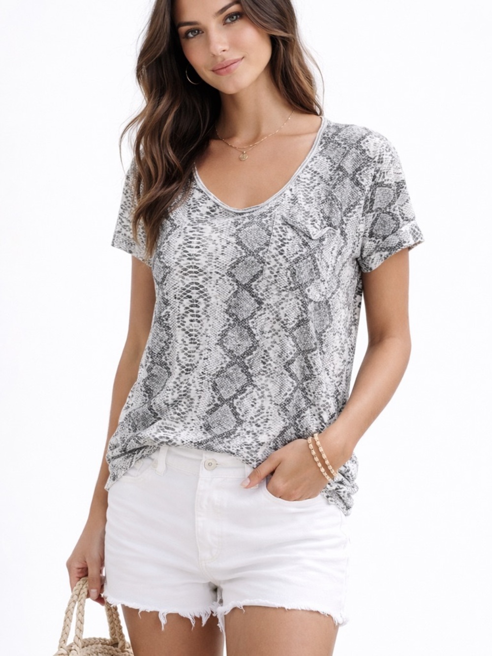 T.La Snake Print V-neck Tee Gray White Pocket Soft Modal Tee M Casual